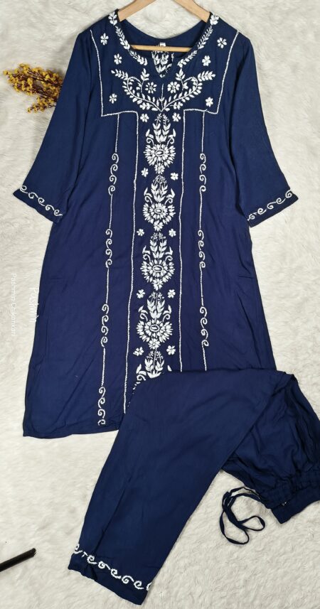 Navy Blue Chikankari Modal Cotton Back Vertical Panel Kurta Pant Set