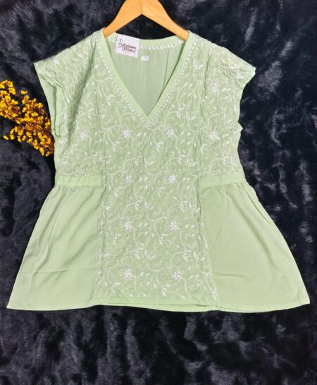 Pista Green Chikankari V Neck Crape Shadow Work Sleeveless Top