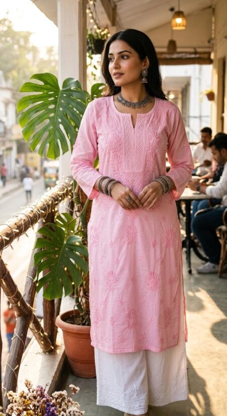Chikankari Cotton Long Neck Lace Work Kurta