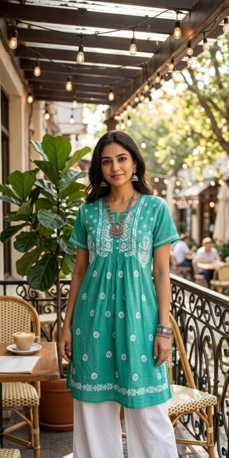 Green Chikankari A-line Cotton Kurta