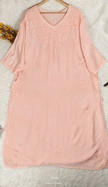 Peach Chikankari Muslin Plus Size Kurta With Pockets