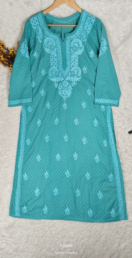 Sea Green Chikankari Embossed Cotton Kurta