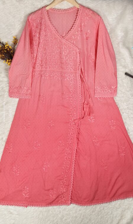 Peach Chikankari Dobby Cotton Ombre Shade Lace Work Angrakha
