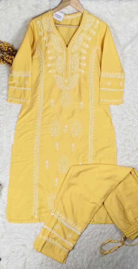 Yellow Chikankari Chanderi 2 Panel Lace And Shadow Work Kurta Pant Set