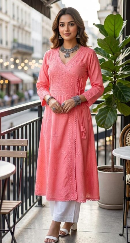 Peach Chikankari Dobby Cotton Ombre Shade Lace Work Angrakha
