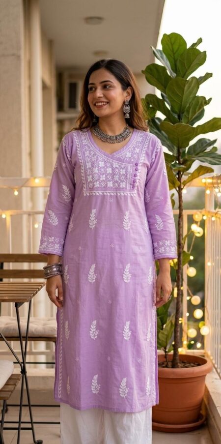 Chikankari Cotton Front Button Angrakha Style Kurta
