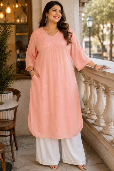 Peach Chikankari Muslin Plus Size Kurta With Pockets