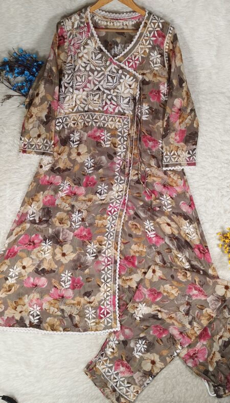 Grey Chiklankari Mulcotton Lace Work Printed Angrakha Pant Set
