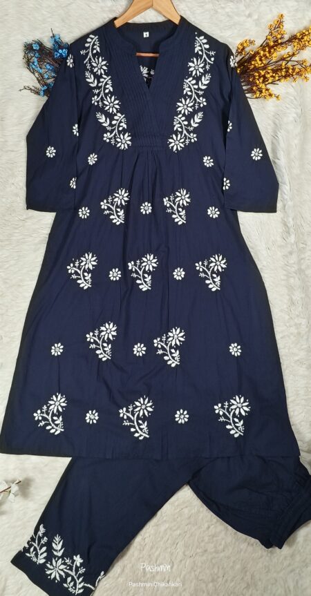 Chikankari Cotton V Neck Pintex Work A-Line Kurta Pant Set