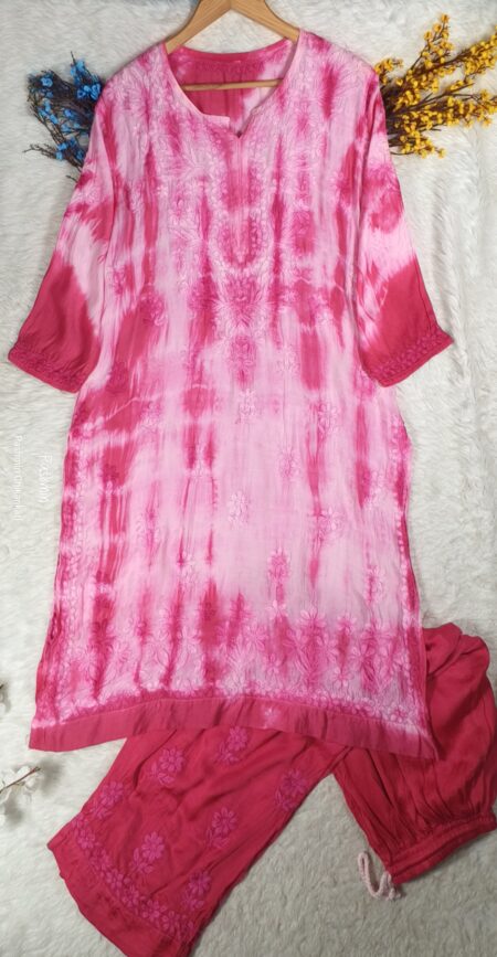 Chikankari 3D Modal Satin Tie And Dye Kurta Pant Set