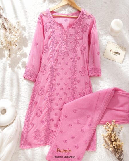 Chikankari Kota Tone To Tone Applique Work Kurta Pant Set