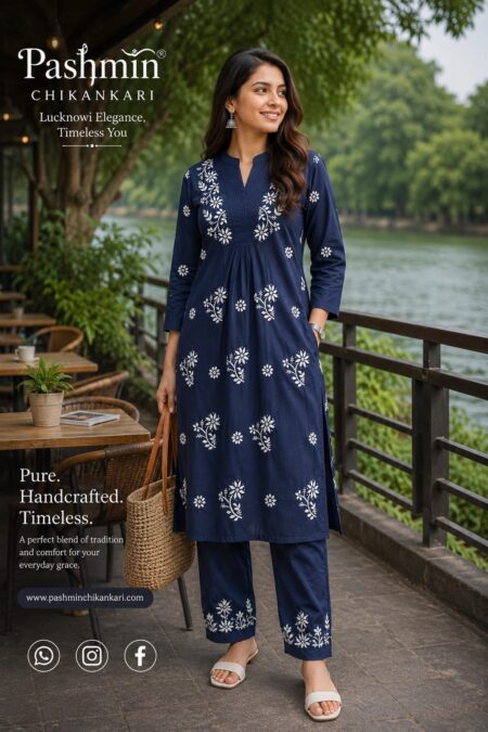 Chikankari Cotton V Neck Pintex Work A-Line Kurta Pant Set