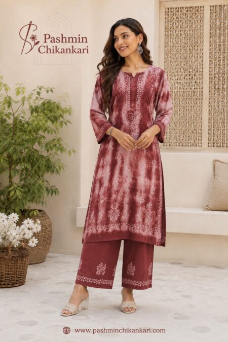 Chikankari 3D Modal Satin Tie And Dye Kurta Pant Set