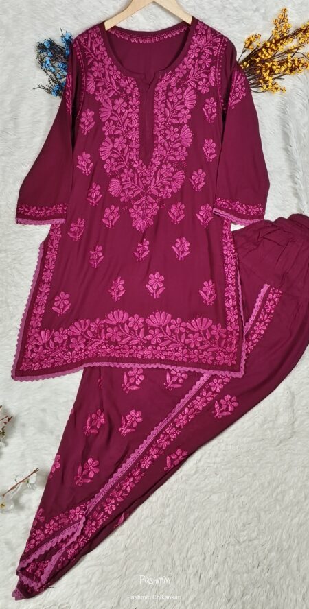 Wine Chikankari 3D Modal Cotton Tulip Pant Set