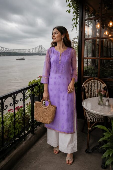 Chiakankari Kota Golden Lace Border Shadow Work Kurta